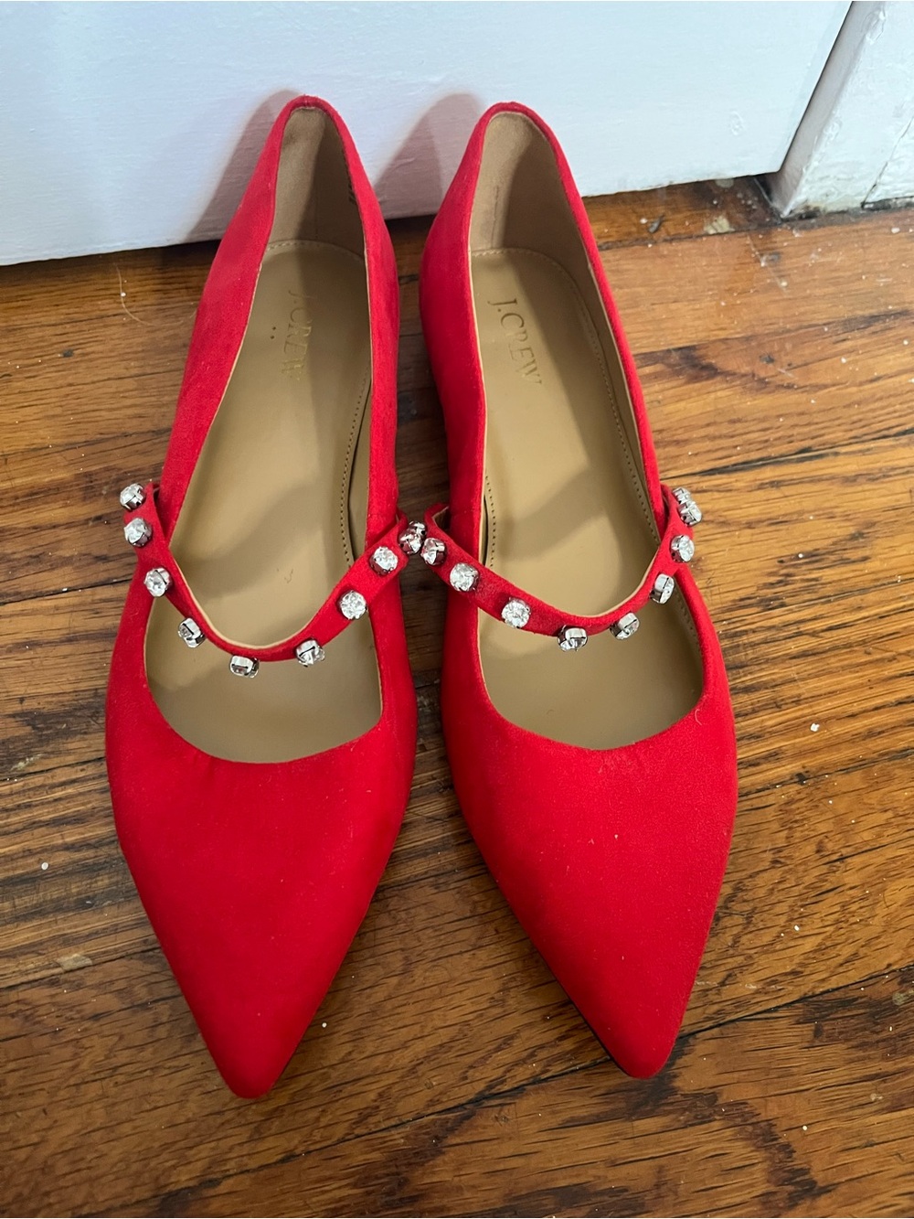 J. Crew Red Crystal-Strap Pointed Flats